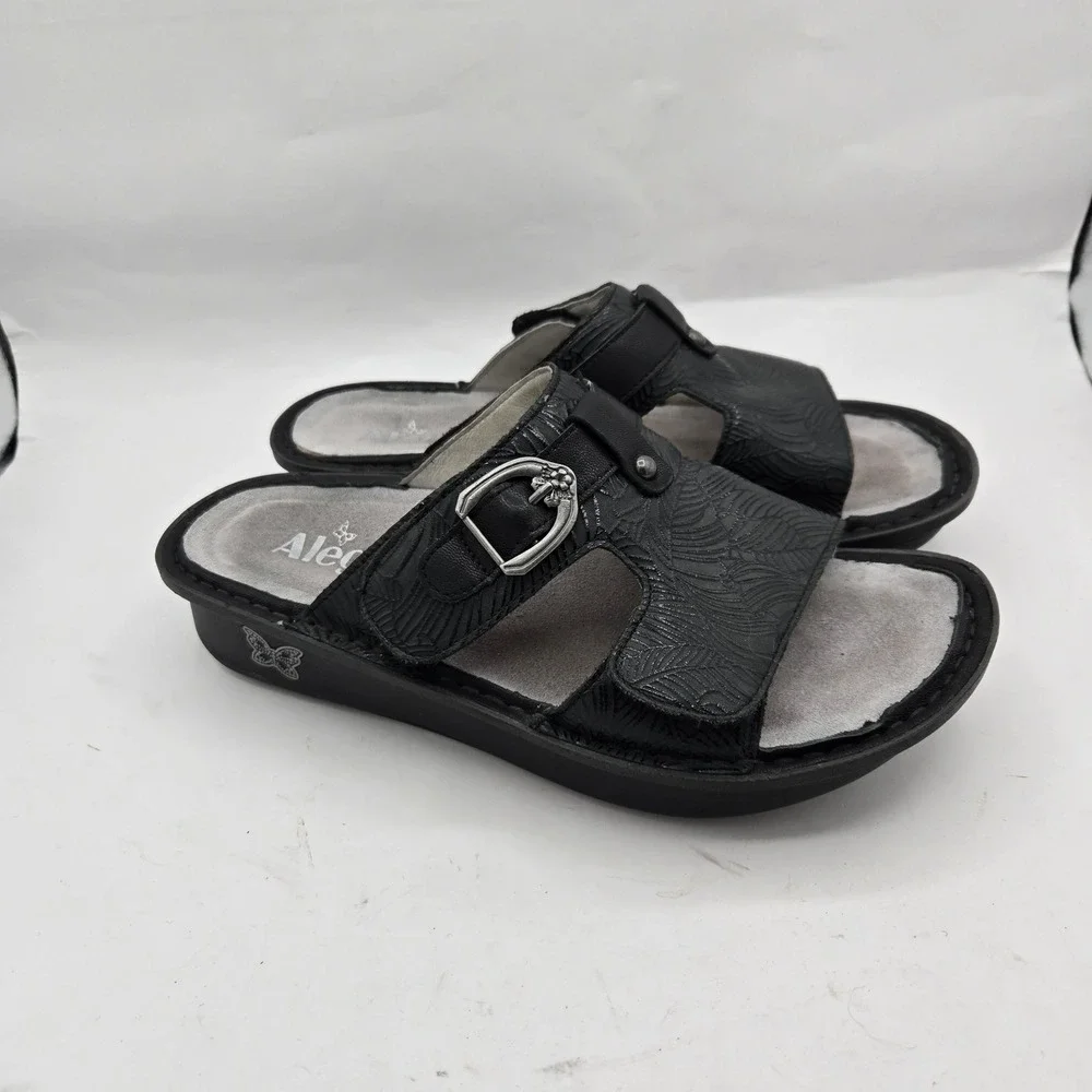 Alegria Womens Kasha Sandal Size 37 6.5 Black Leather Comfort Slide‎ Adjustable